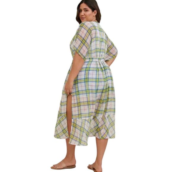 Torrid Plus Sz 1 Tie-Waist Plaid Duster Kimono Yellow Blue Pink Midi Cover-Up - Picture 3 of 13